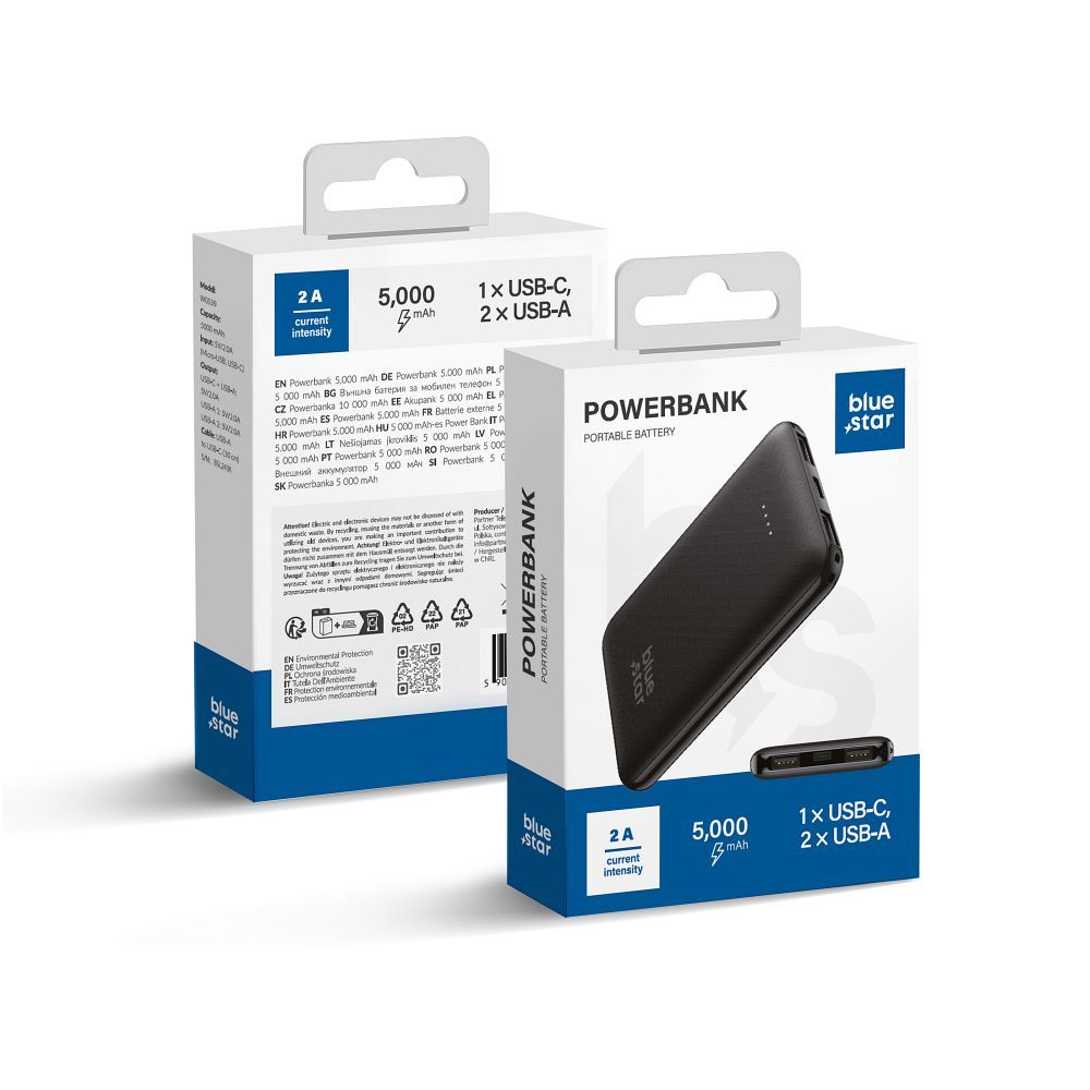 Blue Star W0539 – Batterie externe compacte 5000 mAh – Charge rapide 2A – Noire